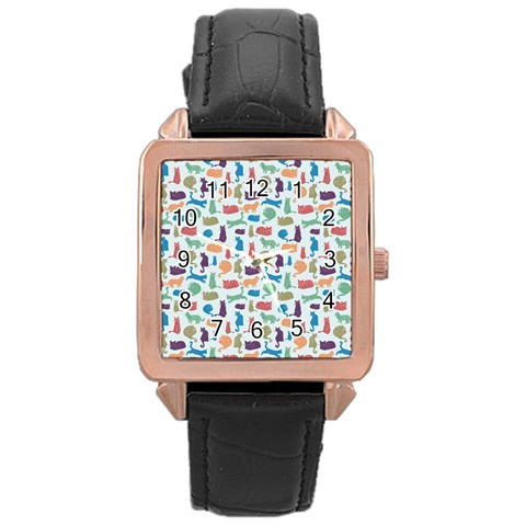 Blue Colorful Cats Silhouettes Pattern Rose Gold Watches from UrbanLoad.com Front