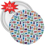 Blue Colorful Cats Silhouettes Pattern 3  Buttons (10 pack) 