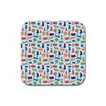 Blue Colorful Cats Silhouettes Pattern Rubber Square Coaster (4 pack) 