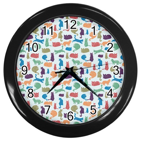 Blue Colorful Cats Silhouettes Pattern Wall Clocks (Black) from UrbanLoad.com Front