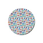 Blue Colorful Cats Silhouettes Pattern Rubber Coaster (Round) 