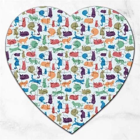 Blue Colorful Cats Silhouettes Pattern Jigsaw Puzzle (Heart) from UrbanLoad.com Front