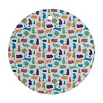 Blue Colorful Cats Silhouettes Pattern Round Ornament (Two Sides) 