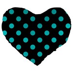 Polka Dots - Cyan on Black Large 19  Premium Flano Heart Shape Cushion