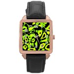 Green neon abstraction Rose Gold Leather Watch 
