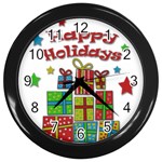 Happy Holidays - gifts and stars Wall Clocks (Black)