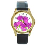 Purple flowers Round Gold Metal Watch