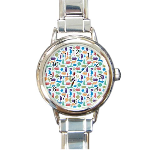 Blue Colorful Cats Silhouettes Pattern Round Italian Charm Watch from UrbanLoad.com Front