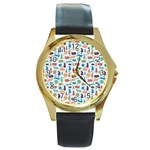 Blue Colorful Cats Silhouettes Pattern Round Gold Metal Watch