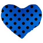 Polka Dots - Black on Dodger Blue Large 19  Premium Heart Shape Cushion