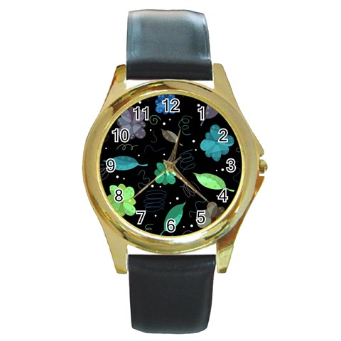 Blue and green flowers  Round Gold Metal Watch from UrbanLoad.com Front
