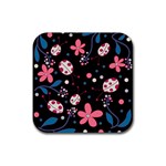 Pink ladybugs and flowers  Rubber Coaster (Square) 