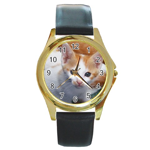 Cute Kitten 2 Round Gold Metal Watch from UrbanLoad.com Front