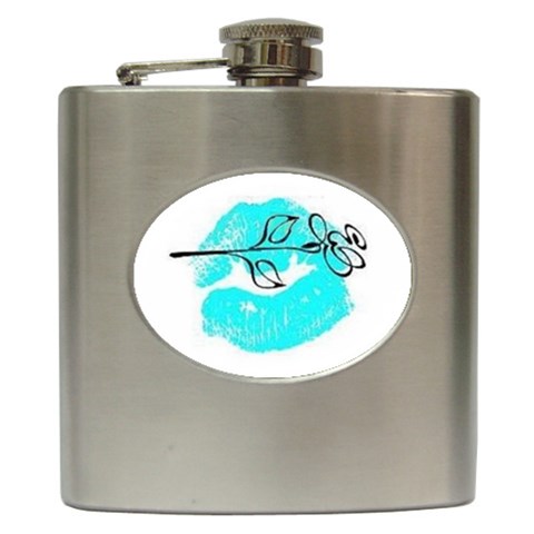 Blue lip decal Hip Flask (6 oz) from UrbanLoad.com Front