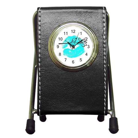 Blue lip decal Pen Holder Desk Clock from UrbanLoad.com Front