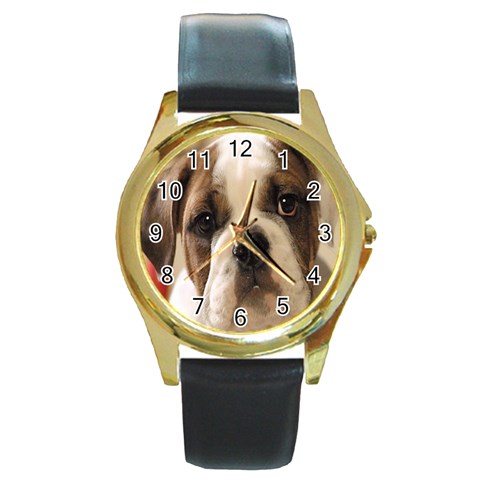 American Bulldog Puppy Round Gold Metal Watch from UrbanLoad.com Front