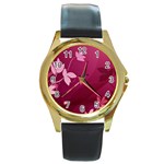 Pink Flower Art Round Gold Metal Watch