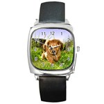 Puppy In Grass Square Metal Watch