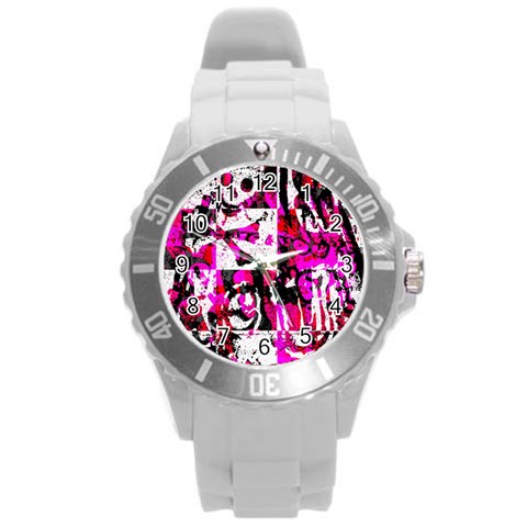 Pink Checker Graffiti Round Plastic Sport Watch (L) from UrbanLoad.com Front