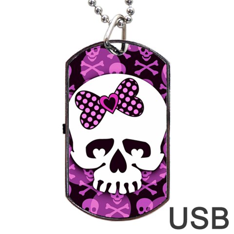 Pink Polka Dot Bow Skull Dog Tag USB Flash (One Side) from UrbanLoad.com Front