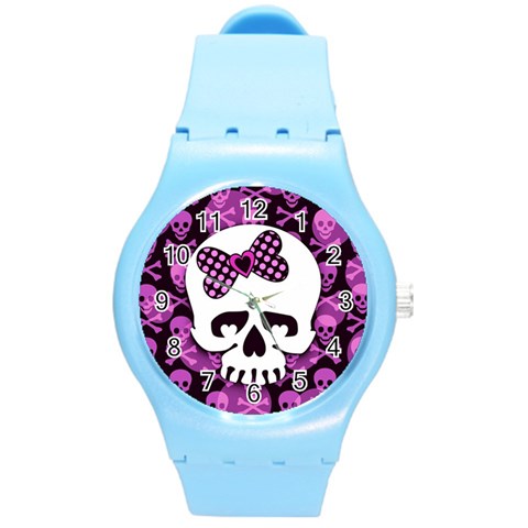 Pink Polka Dot Bow Skull Round Plastic Sport Watch (M) from UrbanLoad.com Front