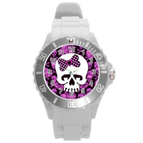Pink Polka Dot Bow Skull Round Plastic Sport Watch (L) from UrbanLoad.com Front