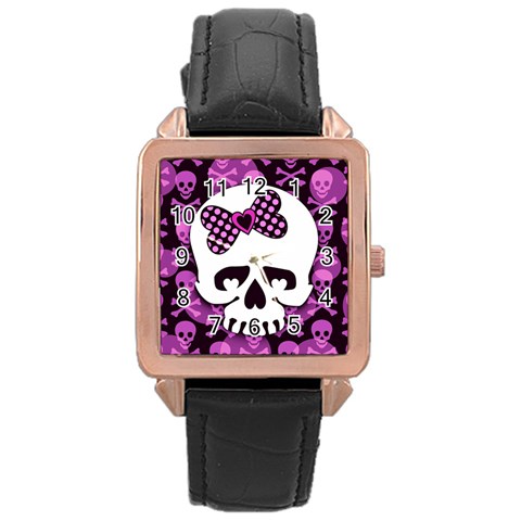 Pink Polka Dot Bow Skull Rose Gold Leather Watch  from UrbanLoad.com Front