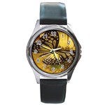 yellow flower butterfly Round Metal Watch