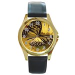 yellow flower butterfly Round Gold Metal Watch