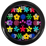 Colorful flowers on a black background pattern                                                            Wall Clock (Black)