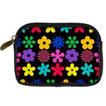 Colorful flowers on a black background pattern                                                            Digital Camera Leather Case