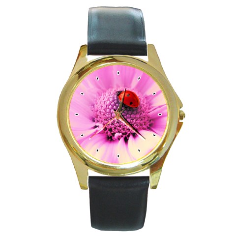 Ladybug On a Flower Round Gold Metal Watch from UrbanLoad.com Front