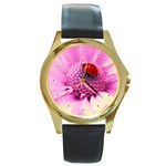 Ladybug On a Flower Round Gold Metal Watch