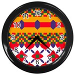 Red flowers and colorful squares                                                                  Wall Clock (Black)
