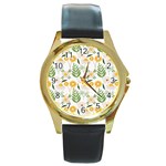Flowers on a white background pattern                                                                    Round Gold Metal Watch