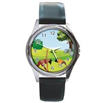 Mother And Daughter Yoga Art Celebrating Motherhood And Bond Between Mom And Daughter. Round Metal Watch