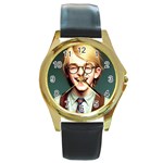 Schooboy With Glasses Round Gold Metal Watch