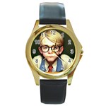 Schooboy With Glasses 2 Round Gold Metal Watch
