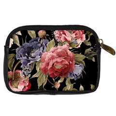 Retro Texture With Flowers, Black Background With Flowers Digital Camera Leather Case from UrbanLoad.com Back