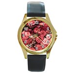 Pink Roses Flowers Love Nature Round Gold Metal Watch