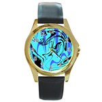 Mint Background Swirl Blue Black Round Gold Metal Watch
