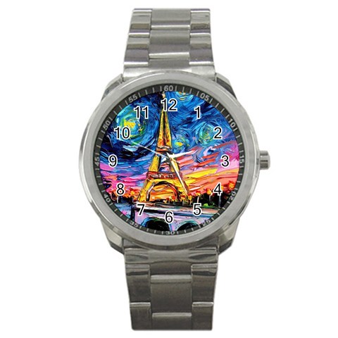 Eiffel Tower Starry Night Print Van Gogh Sport Metal Watch from UrbanLoad.com Front
