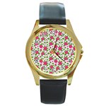 Flowers Leaves Roses Pattern Floral Nature Background Round Gold Metal Watch