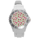 Flowers Leaves Roses Pattern Floral Nature Background Round Plastic Sport Watch (L)