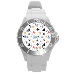 Airplane Pattern Plane Aircraft Fabric Style Simple Seamless Round Plastic Sport Watch (L)