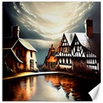 Village Reflections Snow Sky Dramatic Town House Cottages Pond Lake City Canvas 12  x 12 