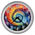 Cosmic Rainbow Quilt Artistic Swirl Spiral Forest Silhouette Fantasy Wall Clock (Silver)