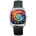 Cosmic Rainbow Quilt Artistic Swirl Spiral Forest Silhouette Fantasy Square Metal Watch