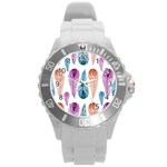 Pen Peacock Colors Colored Pattern Round Plastic Sport Watch (L)