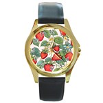 Strawberry-fruits Round Gold Metal Watch
